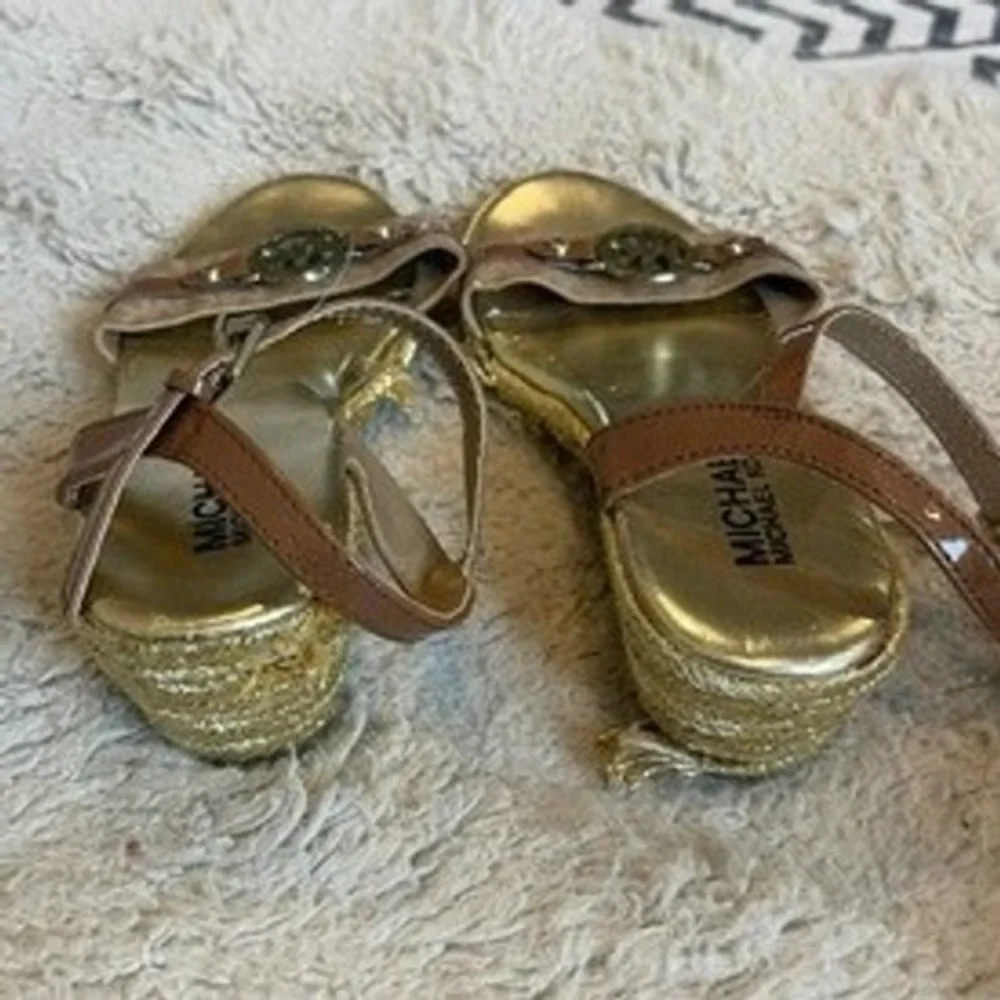Michael Kors Gold Tan Monogram Espadrille Wedge Sandals MK Logo Buckle Strap